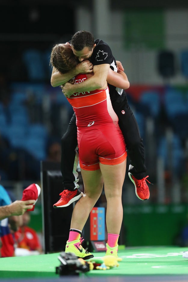 She picked up her coach.