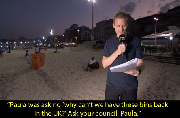 BBC Four's Olympic coverage is very eccentric. For example, between the sports they've talked a lot about the bright orange bins on the beach.