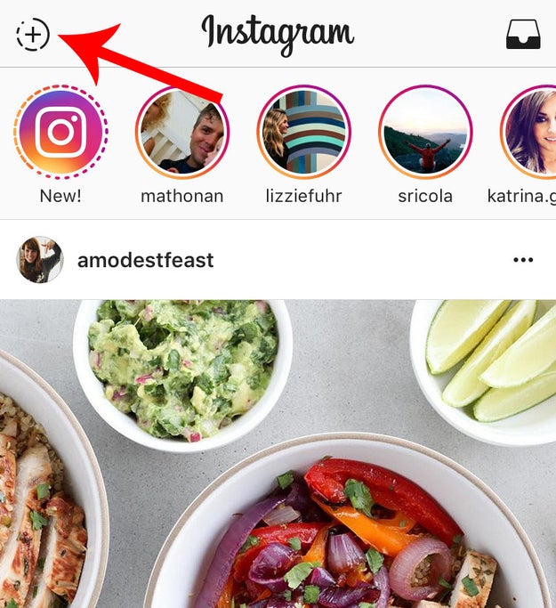 First, launch the Stories camera using the new (+) button in the top left corner.