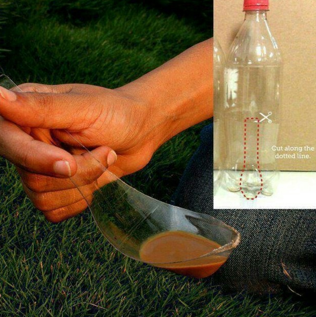 Make a last-minute spoon with an old soda bottle if you forgot to bring all the right utensils.