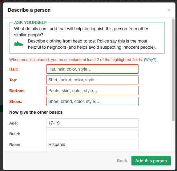 Try to describe someone with just a racial characteristic, and you’ll see this prompt, asking you to be more descriptive: