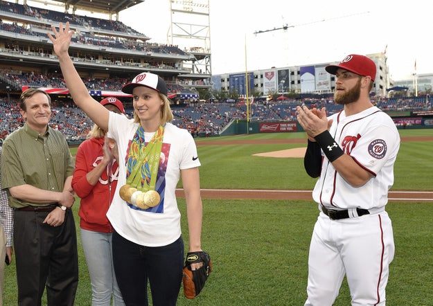 Olympic swimmer Katie Ledecky threw out the first pitch Wednesday night at the Washington Nationals game against the Baltimore Orioles.