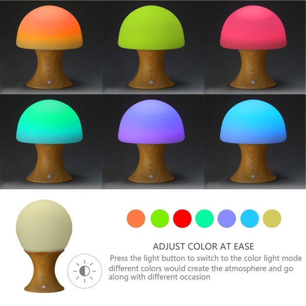 A malleable mushroom-shaped lamp that glows in a variety of different colors and can be set to turn off on a timer.