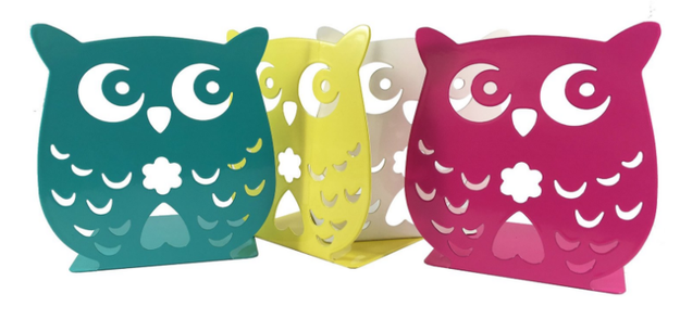 Colorful metal bookends that'll make you hoot with joy.