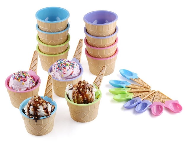 A set of dessert bowls and spoons to use at an ice cream sundae party.