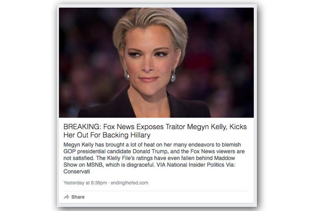 If you hovered your mouse over her name, up popped a story claiming that Kelly had been "kicked out" of Fox News "for backing Hillary." The story was from a site called EndingTheFed.com — and it's false.