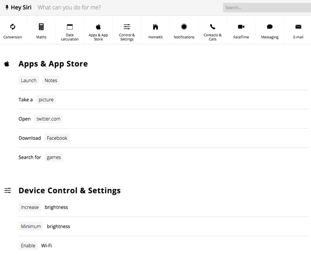 Hey-Siri.io is a website that lists hundreds of commands and thousands of variations that you can use on your iPhone (and soon, on your Mac).