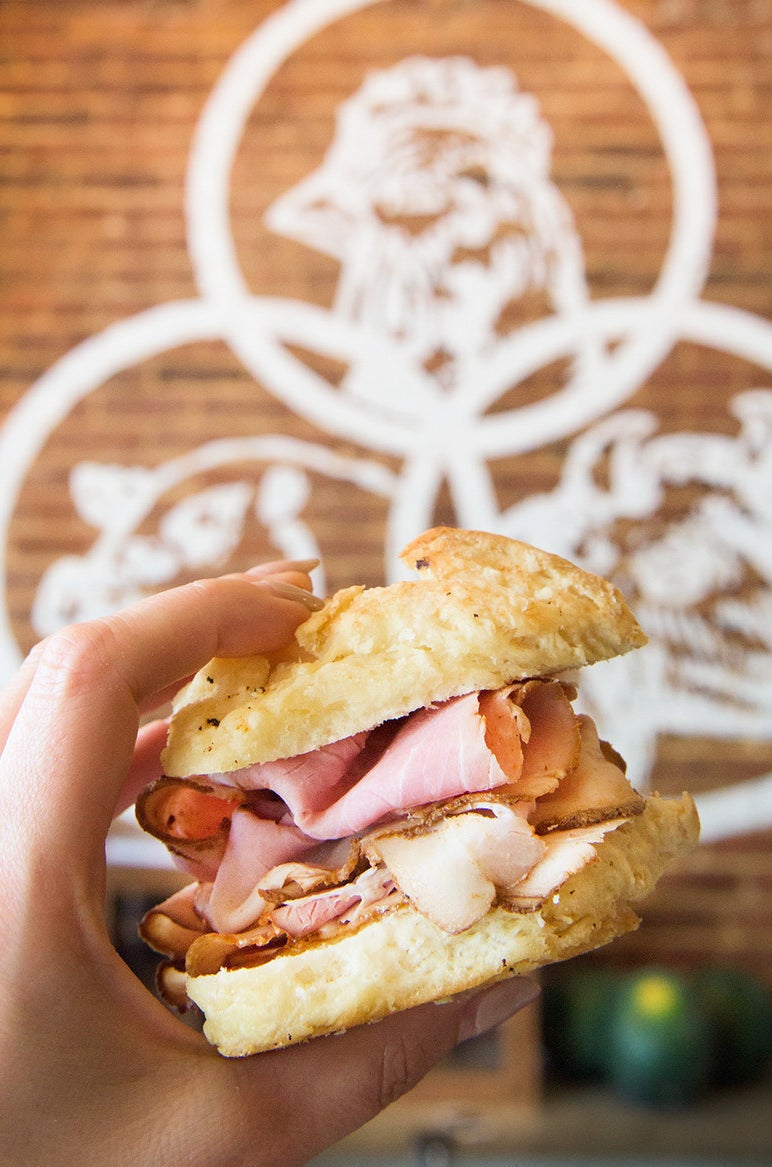 Breakfast sandwich on a honeyed biscuit at JM Stock Provisions.