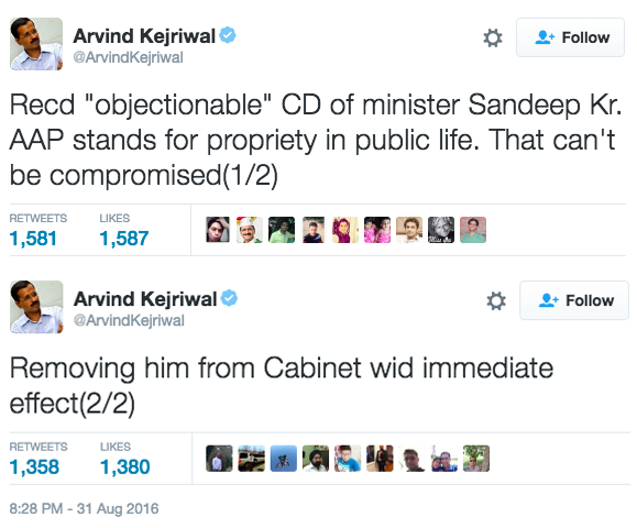 Following the primetime press coverage of the scandal, Kumar was very publicly fired by Chief Minister Arvind Kejriwal on Twitter.
