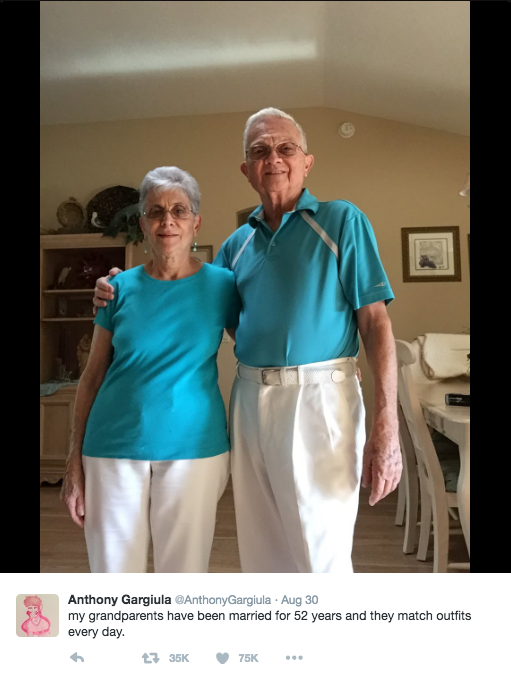 He was told that they match their clothing every day. His grandfather then got the idea to send Gargiula daily photos of the outfits. On Thursday, Gargiula shared a few of these to his Twitter page.
