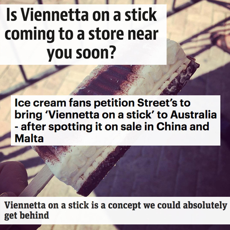 Viennetta is usually served in one big slab for sharing. But Aussies have been asking for the single serve stick ever since Instagram photos of it popped up around the world.