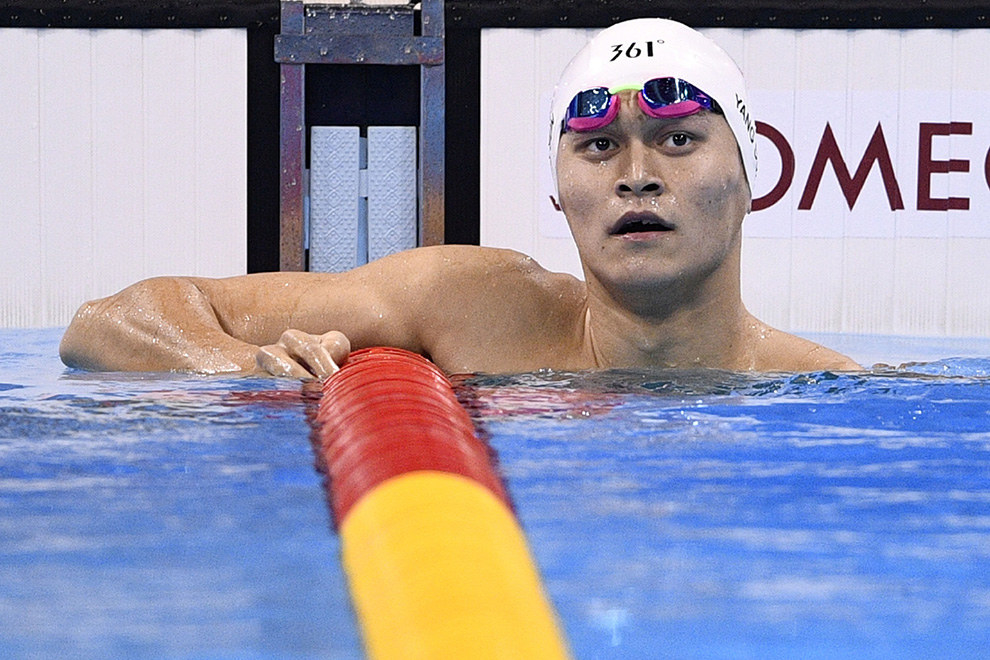 China's Sun Yang reacts after placing second in the Men's 400m Freestyle Final during the swimming event at the Rio 2016 Olympic Games at the Olympic Aquatics Stadium in Rio de Janeiro on August 6, 2016.