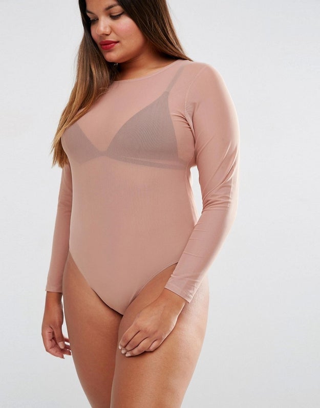 This mesh long-sleeve bodysuit in dusty rose.