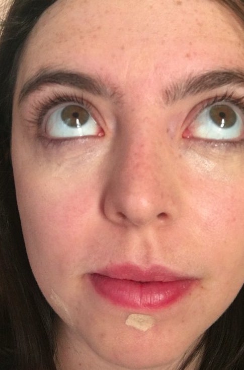 During: After applying a light coat of foundation, I put concealer on my reddest acne and dab a little under my eyes.
