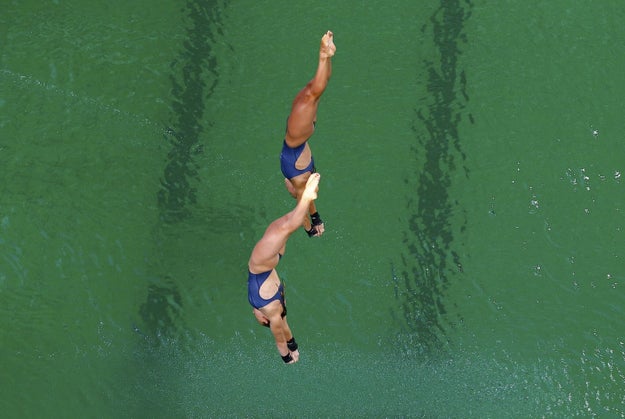 The aquatics center hosted the women's synchronized diving finals on Tuesday, and yep, that water was GREEN.