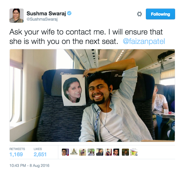 But being the boss that she is, Swaraj replied anyway, promising to reunite the couple ASAP.