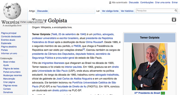 Quem instala o plugin enxerga a Wikipédia do presidente assim: