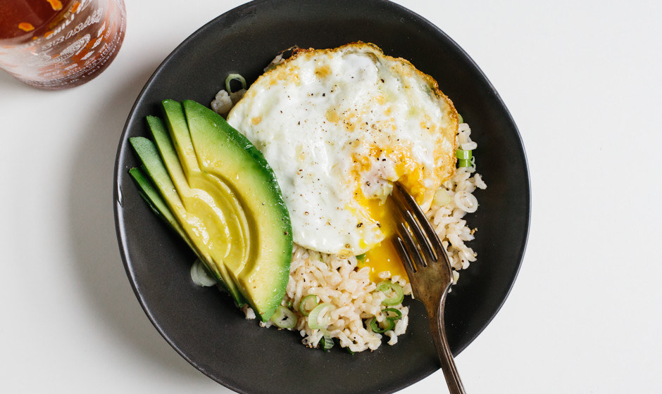 rice with fried egg and avocado