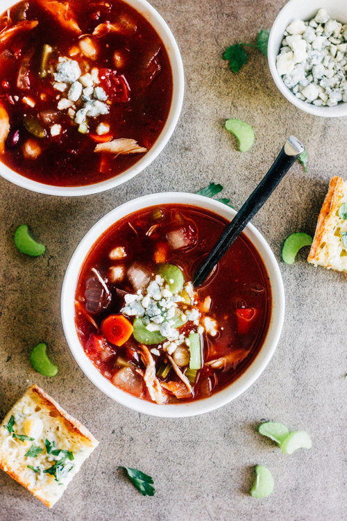 Slow Cooker Buffalo Chicken Chili With Blue Cheese Garlic Bread