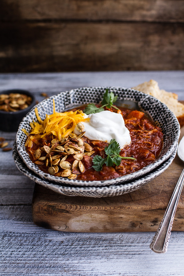 Crock-Pot Chipotle Pulled Pork Pumpkin Chili With Cinnamon Roasted Pumpkin Seeds