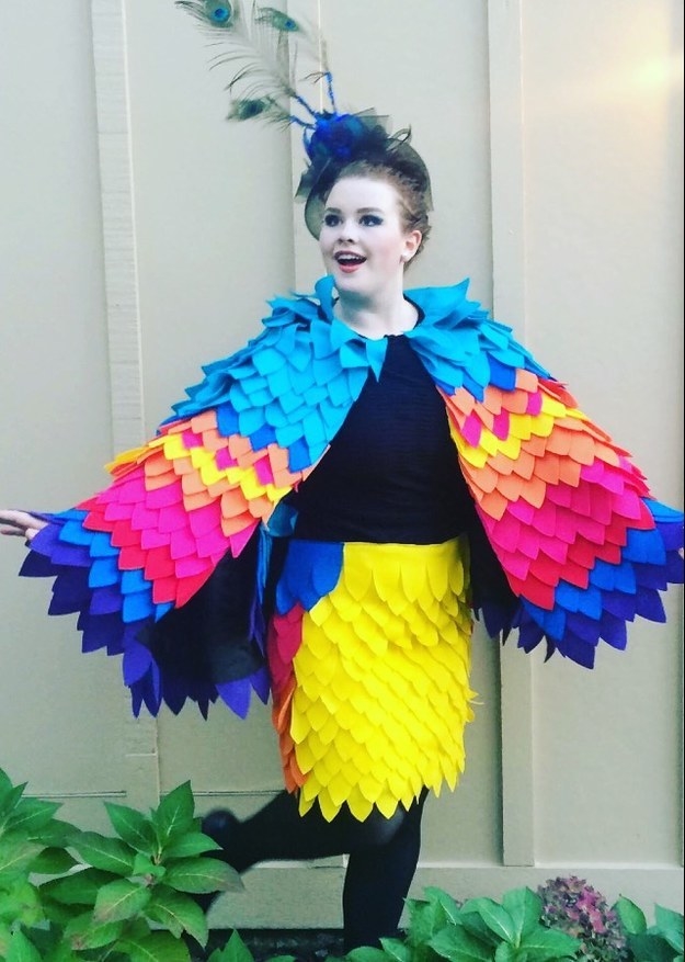 Someone dressed in a colorful DIY bird costume