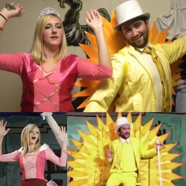One woman in a pink princess dress and one man in a yellow suit