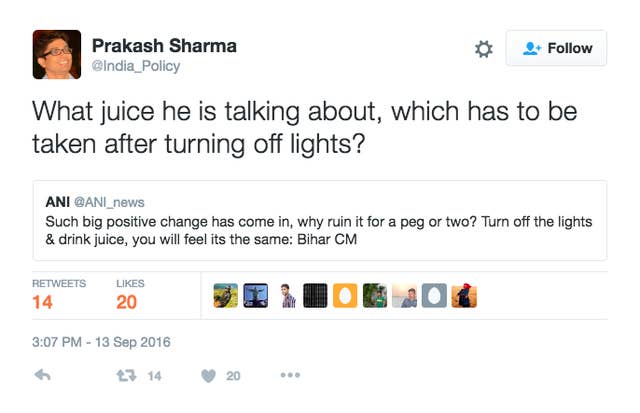 Bihar S Cm Ridiculously Said That Drinking Juice Is The Same As Drinking Alcohol Explore @indiaspeakspr tweets with statistics and download mp4 videos silly observations on india & the world.