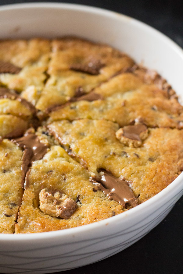 Giant Chocolate Chip Cookie Stuffed with Peanut Butter Cups