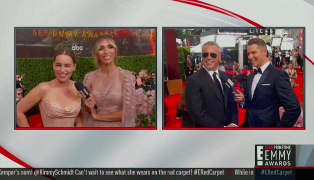 This moment between Emilia Clarke and Matt LeBlanc on the Emmys red carpet began innocently enough: They traded inanities about who was the bigger fan of whom.