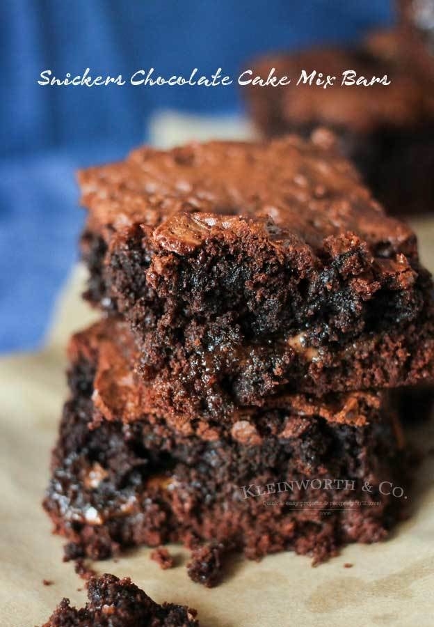 Chocolate brownies can be eaten for any occasion, special or not. The good thing is soft, warm brownies don't need to be mixed together using brownie mix. You can use boxed chocolate cake to make brownies for your birthday, barbecue, or other special occasion and throw in a couple Snickers bars!Recipe from Kleinworth & Co.