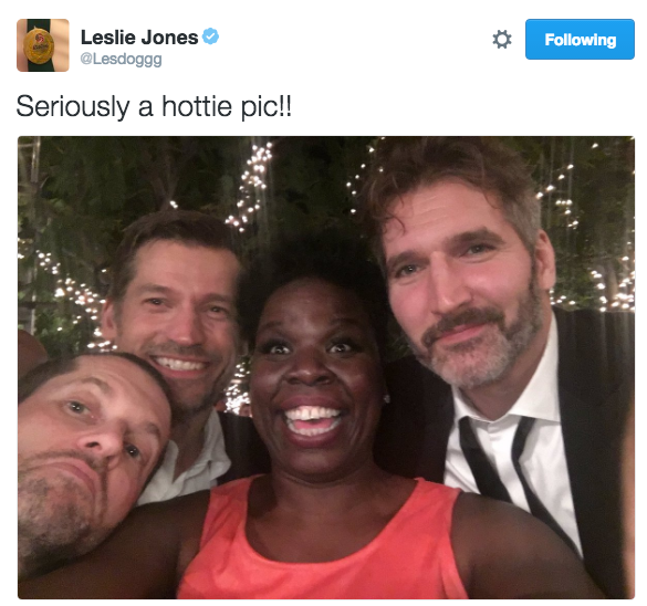 Here she is with the creators D.B. Weiss and David Benioff and also Jaime Lannister.