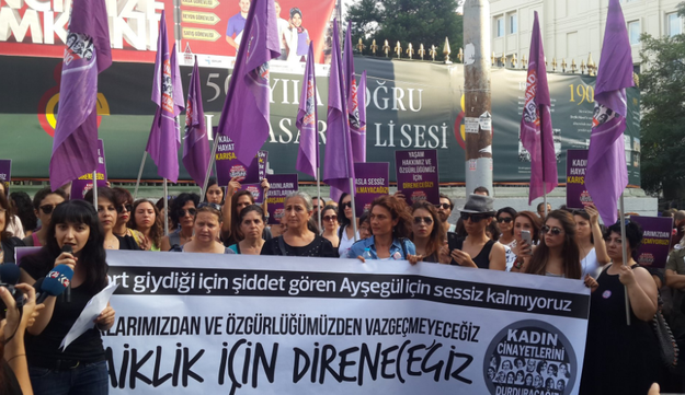 Women's rights campaigners took to the streets in Istanbul on Sunday afternoon to protest after a woman riding a bus was allegedly kicked in the face for wearing shorts.