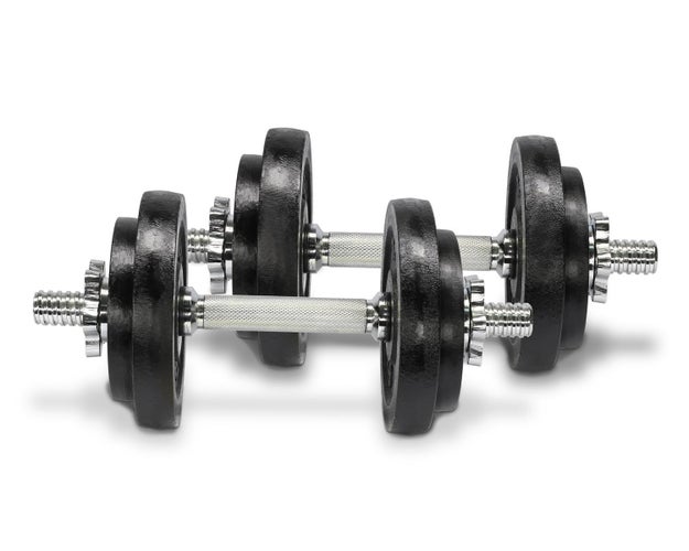 An adjustable dumbbell set that you can do a variety of strengthening exercises with.