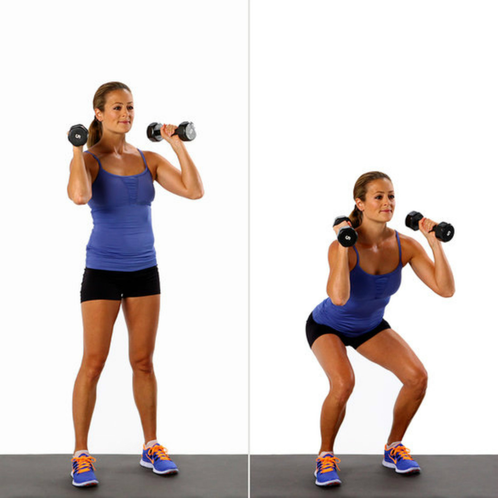 -Stand with feet apart holding the dumbbells on each side.-Push hips backward and bend your knees to a near squat position while reaching the dumbbells to the sides of your shin.-Press on your heels to resume standing position then repeat the entire process.Sets: 2 Time: 1 minute