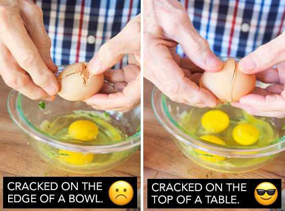 If you crack eggs on a flat surface instead of on the edge of a bowl, they will open more cleanly: