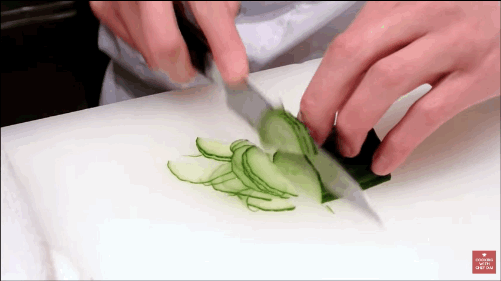 Of course, in order to chop so quickly and so delicately, you need a high-quality knife. For starters, you can get a pricier one for $50 or a cheaper one for $20. Both are excellent knives, with a slight difference in weight and sharpness. If you want to learn more Japanese cutting techniques (how they achieve such beautifully thin slices), try mastering these types of cuts.