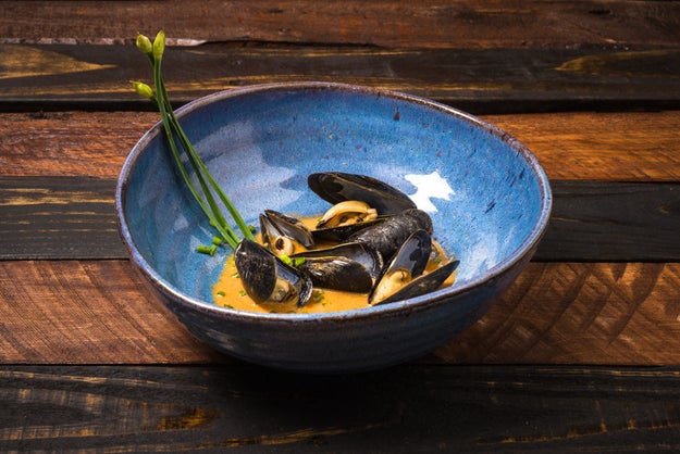 Sake Steamed Mussels in Thai Red Curry Sauce