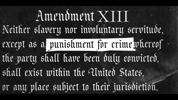 The documentary explores the impact of the exception of criminals in the 13th Amendment to abolish slavery...