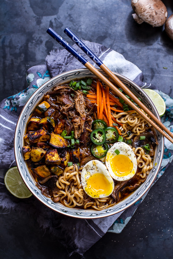 Crockpot Crispy Caramelized Pork Ramen Noodle Soup with Curry Roasted Acorn Squash