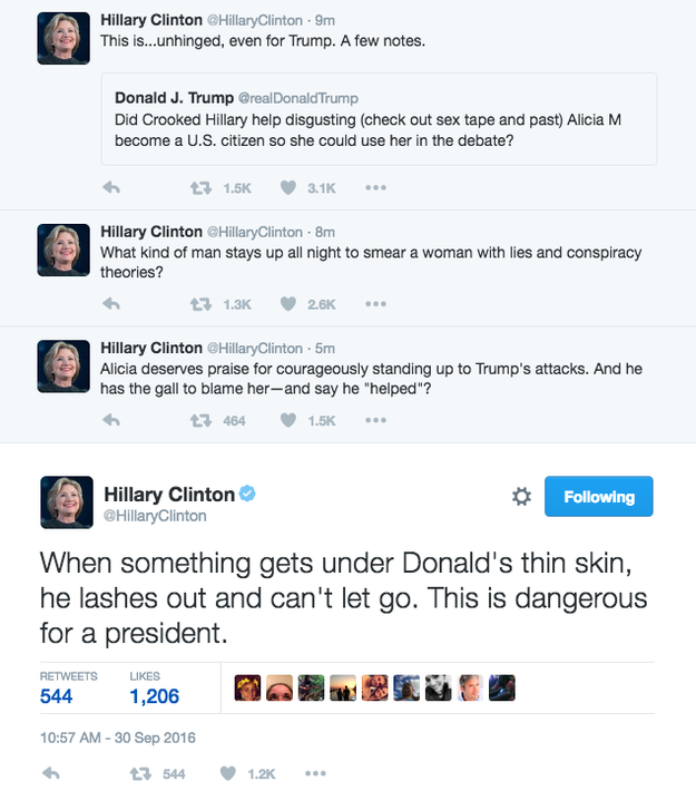 Clinton called Trump's tweetstorm "unhinged" and asked, "What kind of man stays up all night to smear a woman with lies and conspiracy theories?"