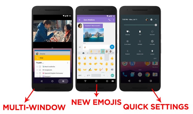 Here's what the multi-window, new emojis, and custom quick settings are supposed to look like.
