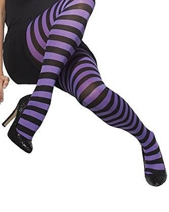 model wearing black and purple horizontal striped tights