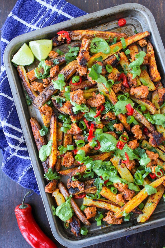 Baked Cajun Fries With Chorizo Sausage and Avocado Crema