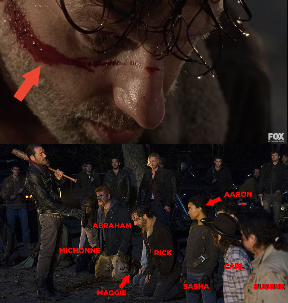 Si descartamos a Maggie (que será un personaje importante en el futuro), la persona que sigue es Abraham. Esto explicaría el charco de sangre al final del clip.