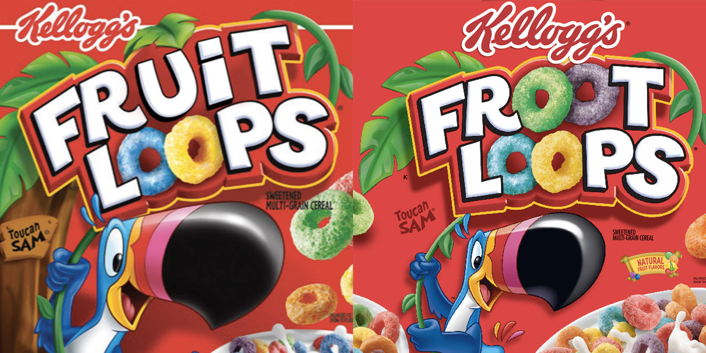 A box that says Fruit Loops next to one that says Froot Loops