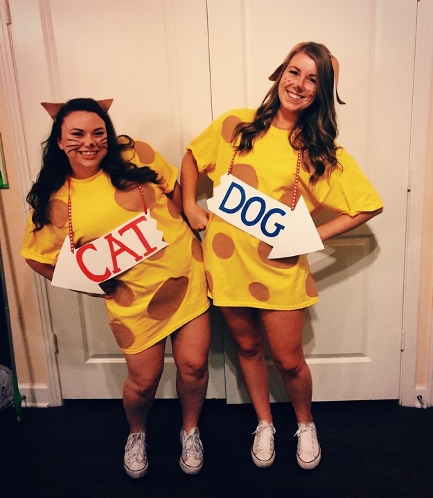 one girl wearing sign that says &quot;cat&quot; and the other wearing sign that says &quot;dog&quot;