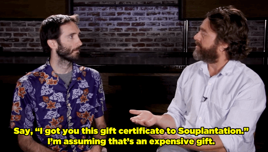 After suggesting an X-rated surprise, Zach proposed a gift certificate to the hottest joint around — Souplantation.