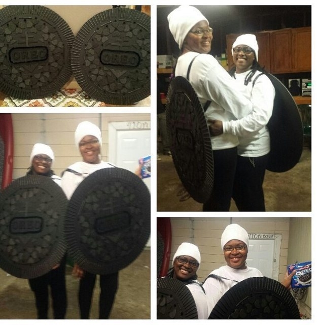 A couple dressed as Oreo cookies