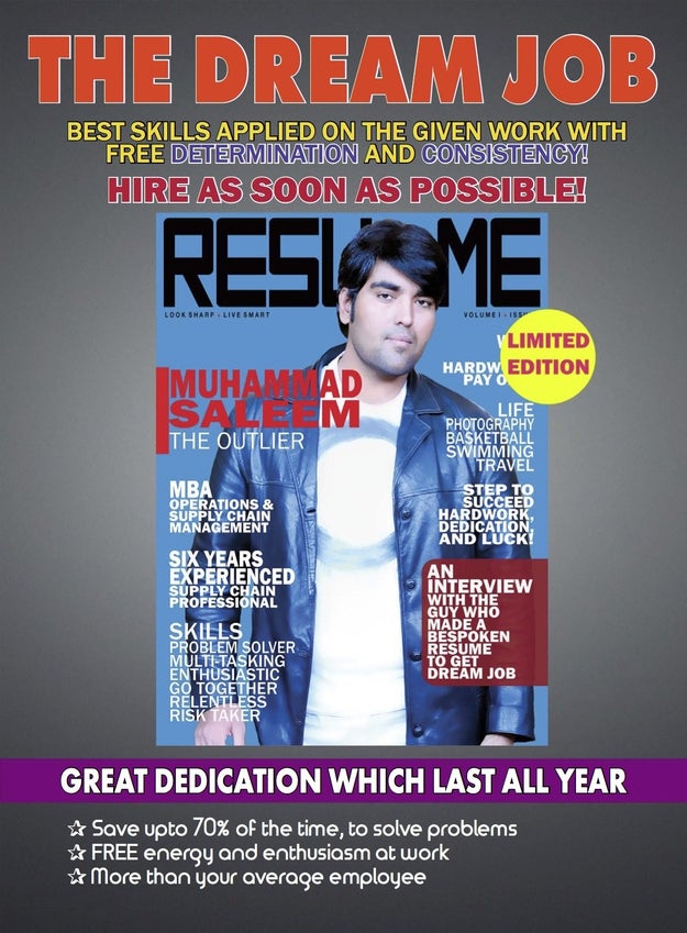 Saleem's résumé is pretty meta. About halfway through, it features a few pages referencing the very magazine résumé you're currently reading.