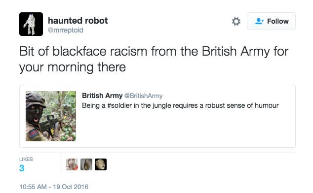 UK British army deletes black-face tweet showing soldier in full